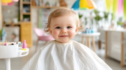 Fototapeta premium Adorable baby girl, smiling and ready for a haircut in a child's salon. A happy toddler wearing a hairdressing cape in a brightly colored kids' salon
