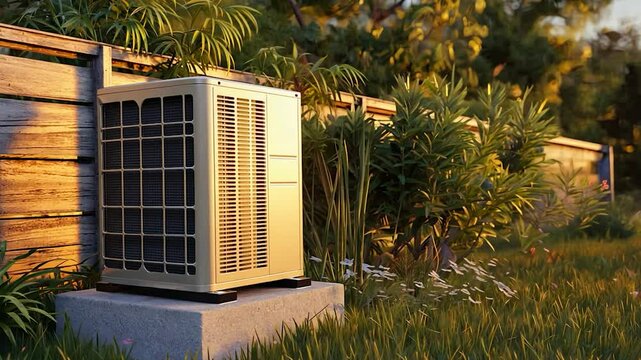 Outdoor air conditioning unit sitting on a concrete base against a wooden fence in a backyard garden