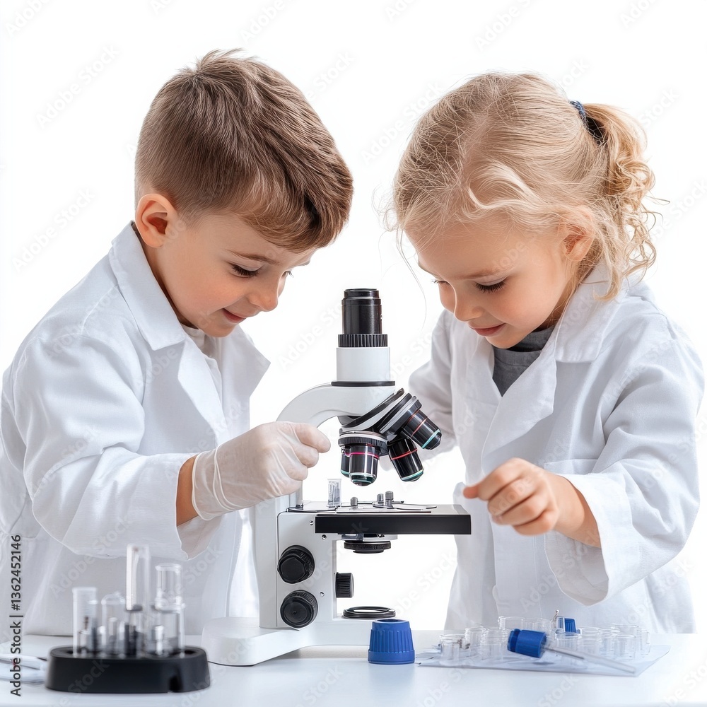 Poster two children are playing with a microscope