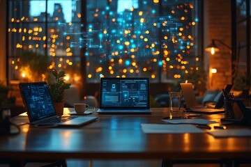 Portable laptop on table in a café and street for work and communication