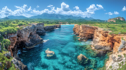 Obraz premium Coastal scene with clear turquoise waters rocky cliffs and lush greenery under a bright blue sky dotted with fluffy wh