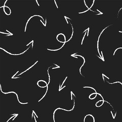 Abstract seamless pattern with various doodle arrows in chalk or crayon style. Hand drawn arrow on black background. Simple squiggly wallpaper design. School chalkboard theme. Vector illustration.
