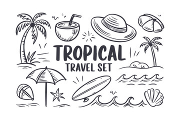 Hand Drawn Black and White Travel Doodle Icon Set Featuring Essential Items for Travelers, Including Passport, Suitcase, Sunglasses, Camera, Globe, Plane Ticket, Flip Flops, and Fun Decorative Element