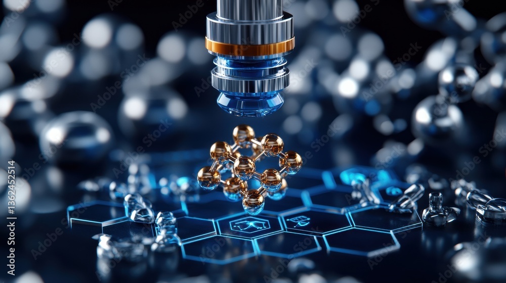 Poster a blue and gold object is being formed from a cluster of small, metallic spheres