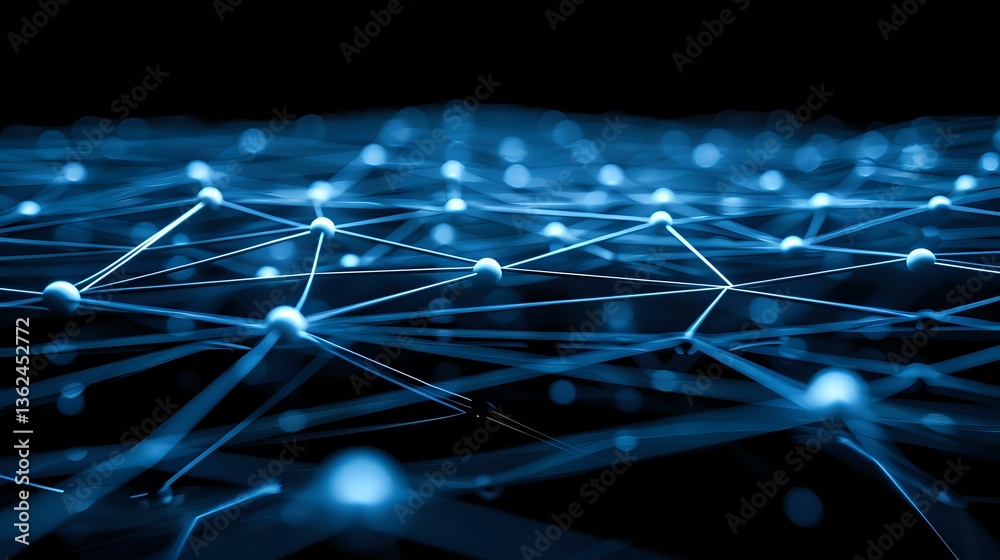 Poster abstract network visualization with glowing blue nodes connected by illuminated lines against dark b