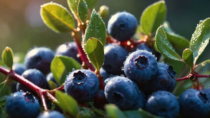 Fresh blueberries on a branch with leaves, glistening with dew in natural light.