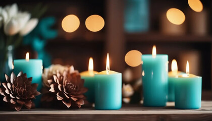 Turquise candles and rustic flowers. 