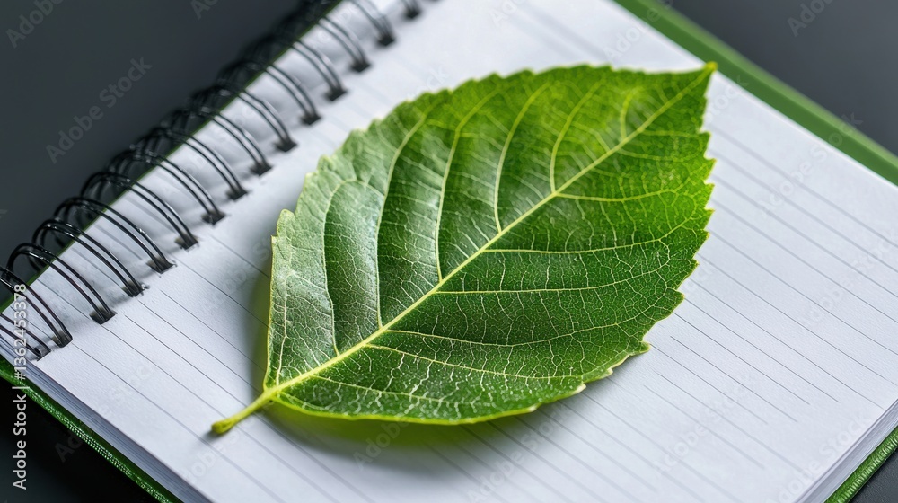 Poster a leaf is on top of a spiral notebook