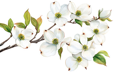 Spring flowers, botanical illustration, Easter, flowering dogwood, detailed branch. 
