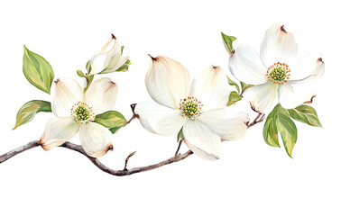 Fototapeta premium Spring flowers, botanical illustration, Easter, flowering dogwood, detailed branch. 
