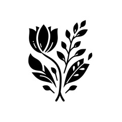 A minimalist black and white floral illustration featuring a stylized flower and assorted leaves arranged in a balanced, symmetrical composition.