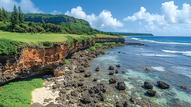 Coastal view with a rocky shoreline clear water and a grassy cliff under a partly cloudy sky forming a serene seascap