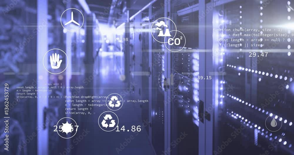 Poster data processing animation over server room with environmental icons and statistics