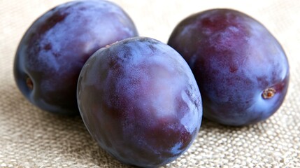 Obraz premium Three fresh ripe plums lying on a textured surface