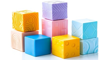 Fototapeta premium A colorful arrangement of various textured building blocks in different shapes and colors. Concept Textured Building Blocks, Colorful Arrangement, Creative Shapes, Visual Stimulation