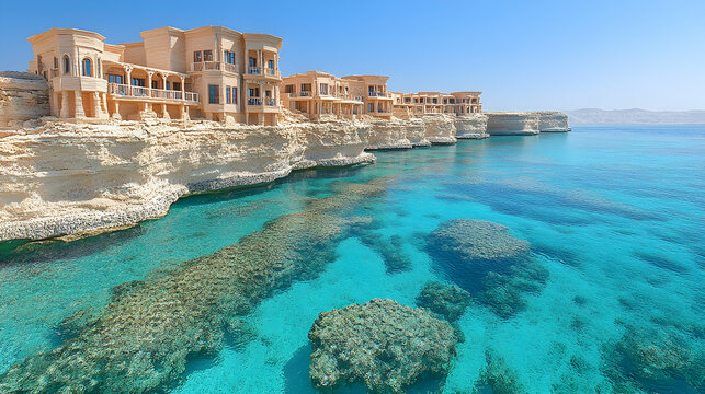 Coastal villas rest atop cliffs overlooking vibrant turquoise waters revealing a breathtaking view of the ocean and dis