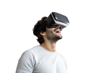 Handsome man experiencing virtual reality while using vr headset