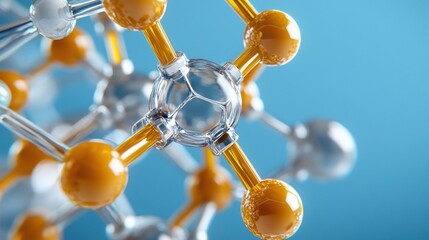 A close up of a molecule with a yellow and silver center