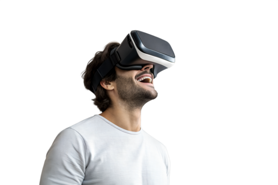 Handsome man experiencing virtual reality while using vr headset