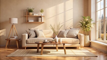 Fototapeta premium A light-filled living room with a beige sofa, wooden coffee table, and natural light streaming through the window.