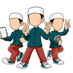 Muslim Boys Cartoon Illustration Celebrating Peace and Using Mobile Technology