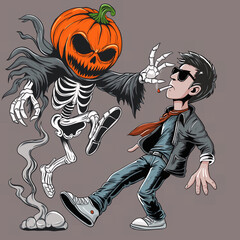 Fototapeta premium Cartoon Jack O'lantern Skeleton Chasing Man Smoking Cigarette Illustration