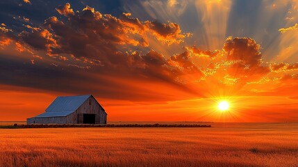 Sunset over Golden Fields and Rustic Barn