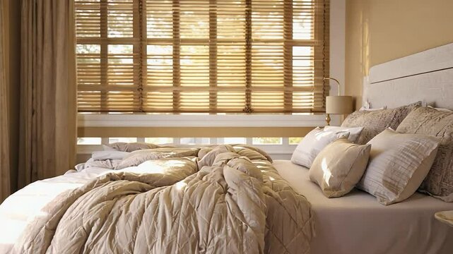 Cozy bedroom interior with a rumpled bed, bamboo blinds, and soft morning light