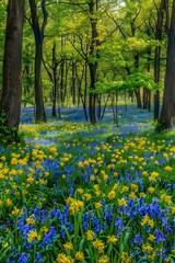 Fototapeta premium Vibrant spring forest landscape with blooming yellow daffodils and blue hyacinths creating a colorful carpet under tall trees with fresh green foliage. Magical woodland scene.