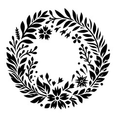 A circular floral design in solid black, featuring an array of leaves, flowers, and berries, arranged in a wreath-like composition against a white backdrop.