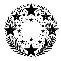 A symmetrical, black and white circular design featuring stars and stylized foliage, creating a festive and elegant aesthetic, ideal for ornamentation.