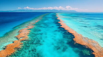 Obraz premium Coral reef stretches between dark turquoise waters beneath a clear blue skydistant mountains line horizon