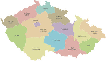 Vector map of Czechia or Czech Republic with regions or territories and administrative divisions. Editable and clearly labeled layers.