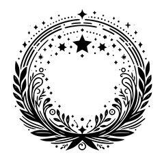 Intricate Black and White Celestial Wreath: A circular design featuring leaves, vines, stars, and dots, creating a decorative, elegant frame for any design element.