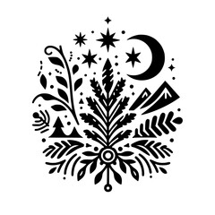 A symmetrical black and white minimalist illustration featuring a central tree-like structure, surrounded by stylized celestial elements, mountains, and various organic shapes, invoking a sense of bal