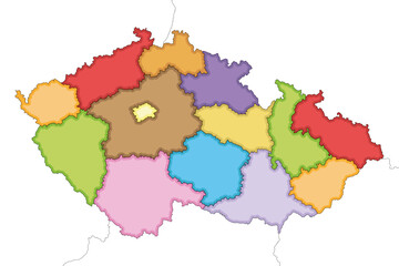 Vector illustrated blank map of Czechia or Czech Republic with regions and administrative divisions, and neighbouring countries and territories. Editable and clearly labeled layers.