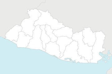 Vector regional blank map of El Salvador with departments and administrative divisions, and neighbouring countries and territories. Editable and clearly labeled layers.