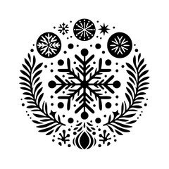 Intricate Black and White Circular Winter Design Featuring Snowflakes, Foliage, and Decorative Elements on a Clean White Background.