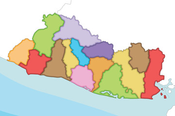 Vector illustrated regional blank map of El Salvador with departments and administrative divisions, and neighbouring countries and territories. Editable and clearly labeled layers.