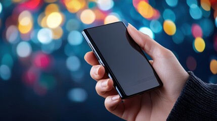 Hand holding a smartphone with colorful bokeh background.