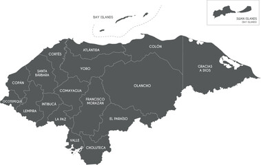 Vector regional map of Honduras with departments or territories and administrative divisions. Editable and clearly labeled layers.