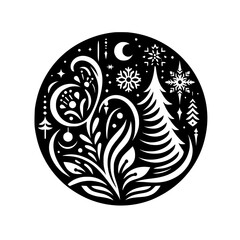 Ornate black and white winter illustration, circular composition featuring stylized flora, snowflakes, a crescent moon, and evergreen trees.