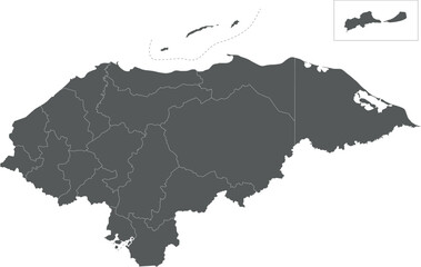 Vector regional blank map of Honduras with departments or territories and administrative divisions. Editable and clearly labeled layers.