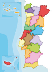 Vector illustrated regional blank map of Portugal with districts, autonomous regions and administrative divisions, and neighbouring countries and territories. Editable and clearly labeled layers.