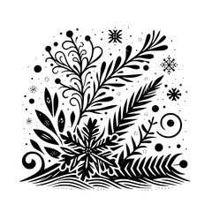 A symmetrical black and white winter illustration featuring a large central snowflake, stylized foliage, and dotted accents, evoking a sense of calm.