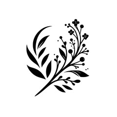 A minimalist illustration showcasing a stylized floral arrangement with a combination of leaves, flowers, and berries in a bold, black and white design against a clean, white background, creating a se
