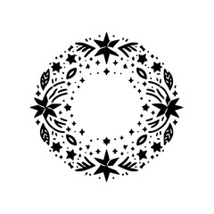 Intricate Black and White Circular Botanical Wreath with Starry Accents, Leaves, and Floral Elements on White Background, a Delicate Minimalist Design.