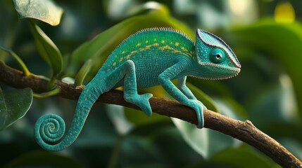 Fototapeta premium A colorful chameleon sat on a branch amidst lush green foliage, displaying distinctive hues and characteristics of reptiles in their natural environments