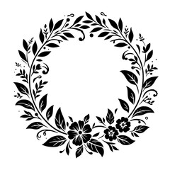 Elegant Black and White Floral Wreath Composition with Leaves, Flowers, and Decorative Elements for a Classic and Timeless Design.