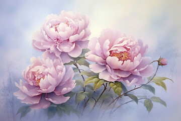 delicate peonies in a watercolor style on a light background , Generative AI